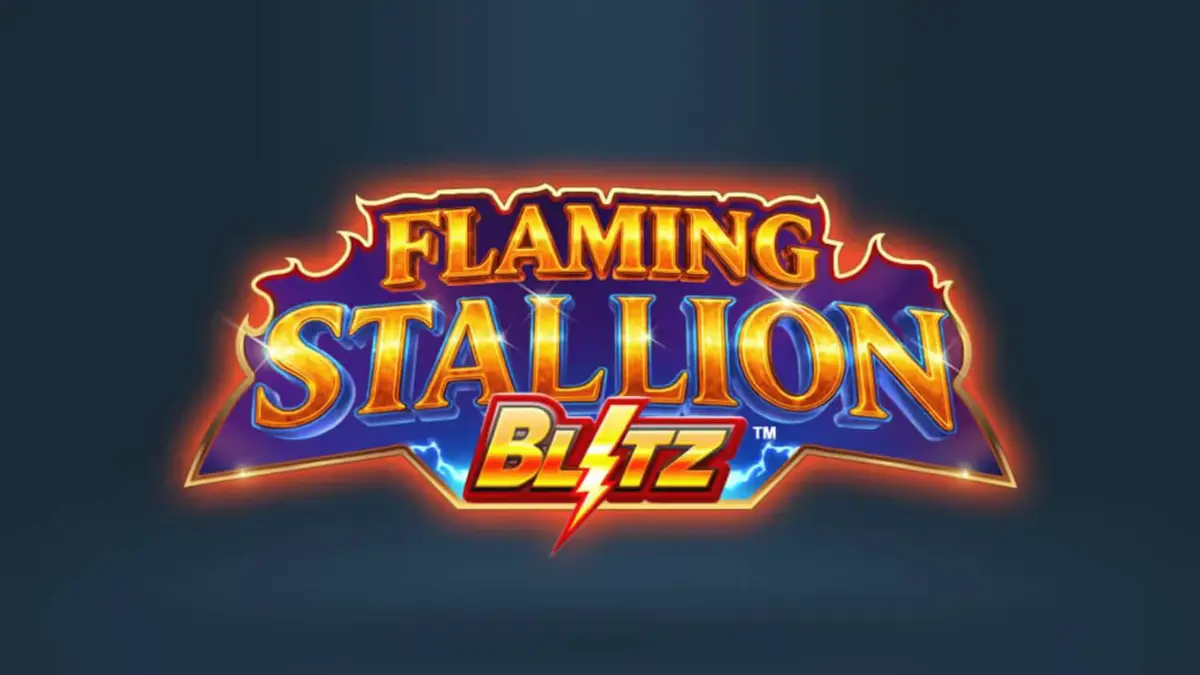 Flaming Stallion Blitz slot machine interface featuring a glowing blue horse and desert background.